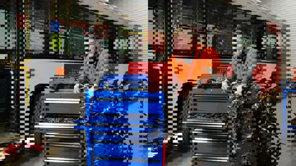 GTG Kilbirnie Street apprentice working on bus engine in workshop